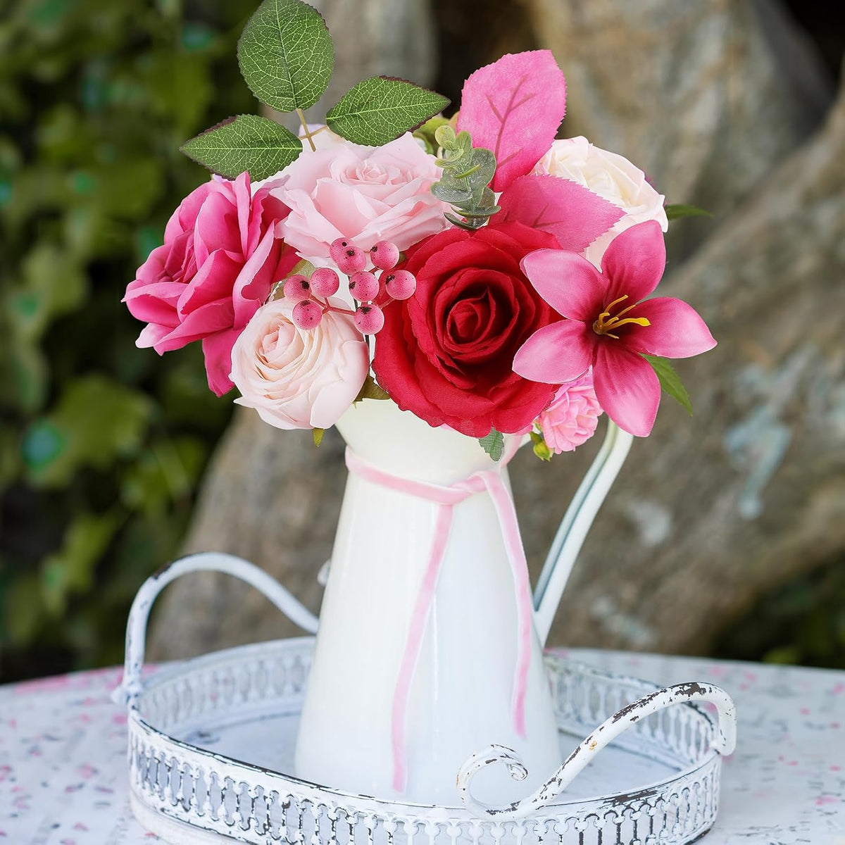 AmyHomie Fuchsia Pink Artificial Flowers Combo Silk Mix Peony Rose Fake Flowers w/Stem for DIY