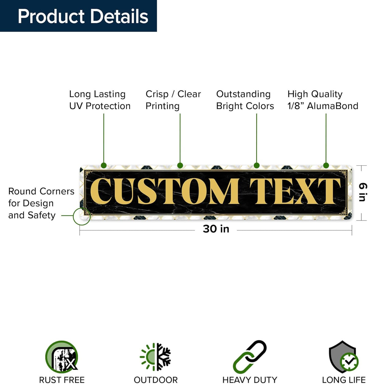 Custom Sign, Custom Street Sign, 11 Font Colors, 13 Font Styles, 4 Hole Options, 22 Sizes, 6x30