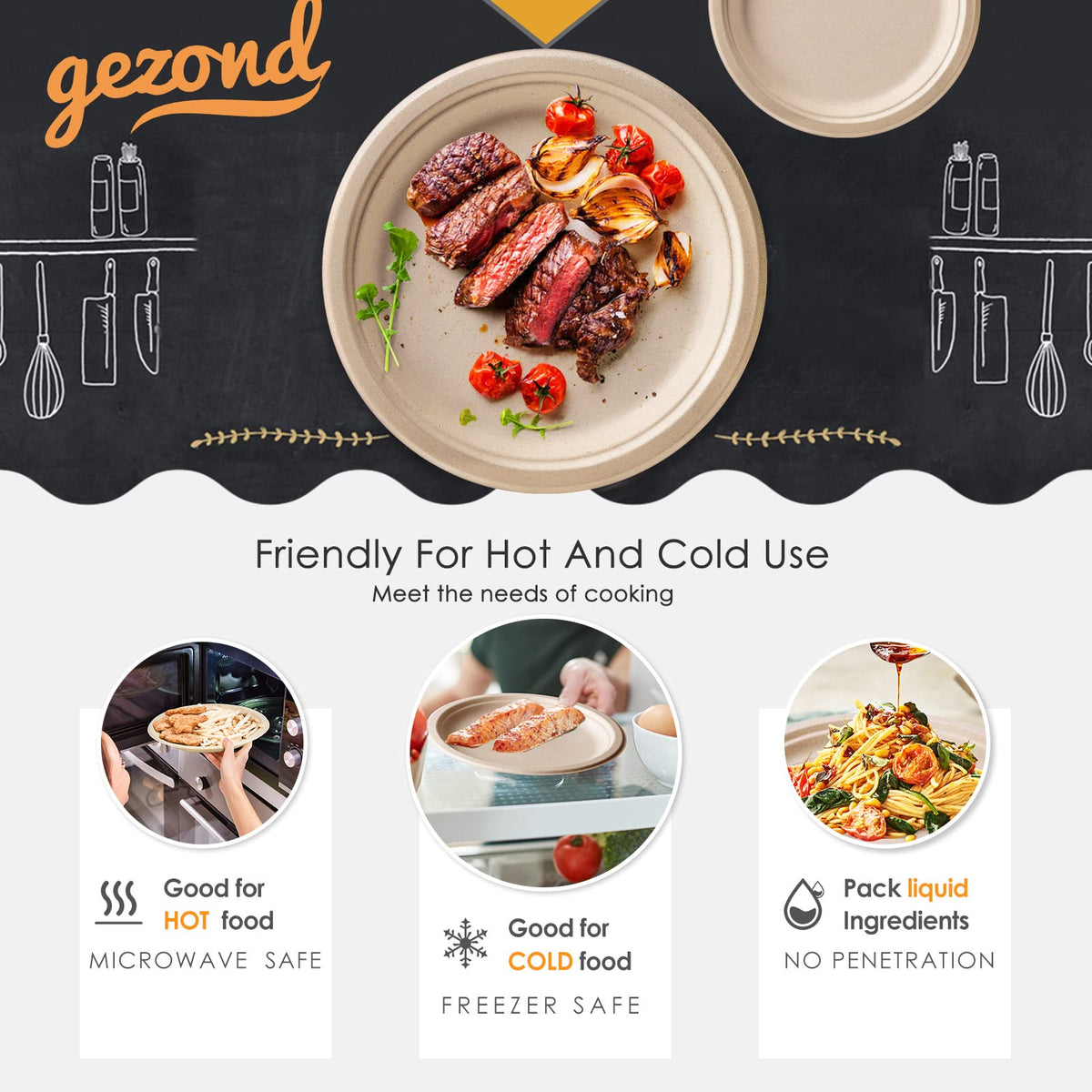 Gezond 250Pcs Disposable Paper Plates Set, Compostable Plate Sugarcane Utensils Eco Friendly