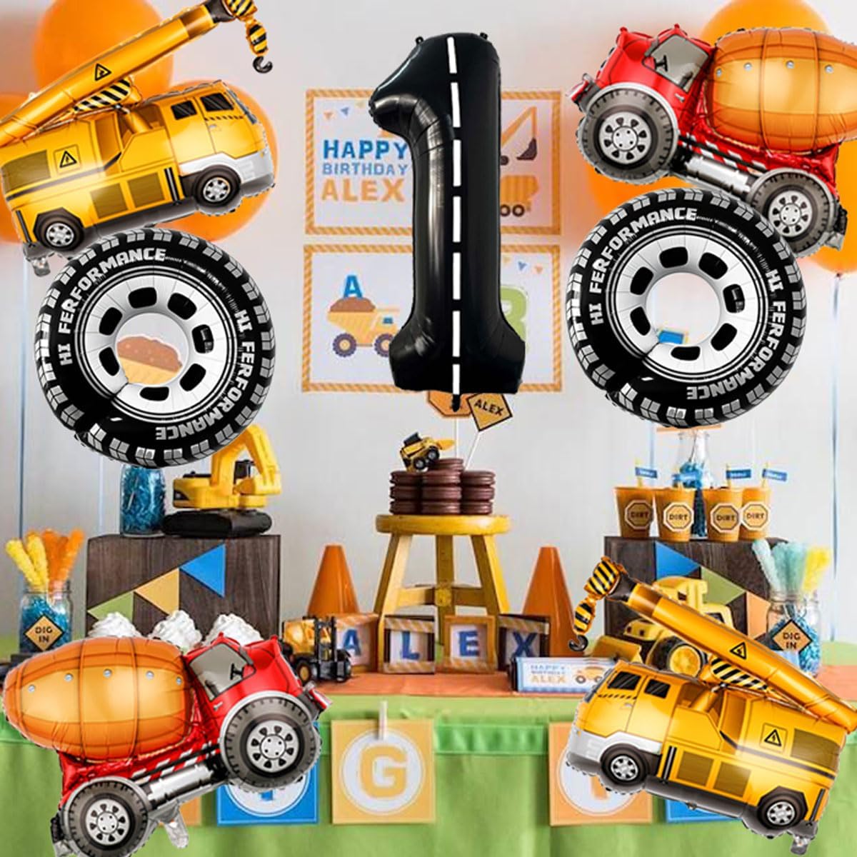 1st Birthday Decorations for Boys Construction Balloons 40inch Number 1 Balloons Truck Foil Balloon