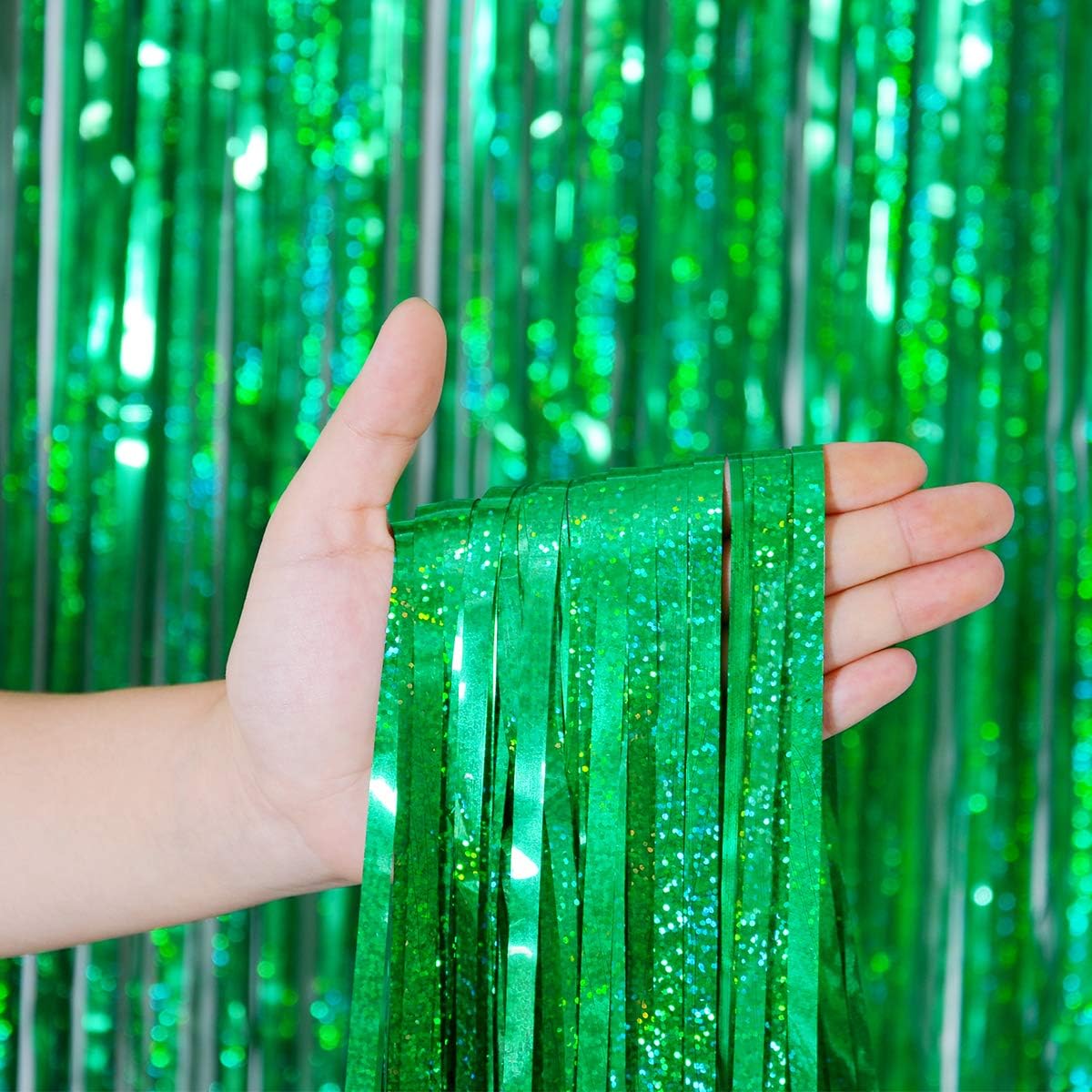 Foil Fringe Curtains April fool's Day Decorations - Melsan 3 Pack 3.2 x 8.2 ft Green Tinsel Curtain