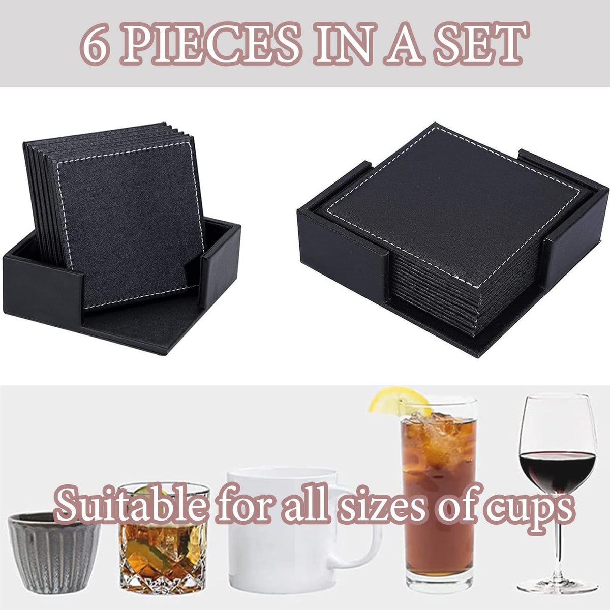 Custom Coasters Set of 6, Personalized Leather Coasters for Drinks with Holder, Customized Coasters