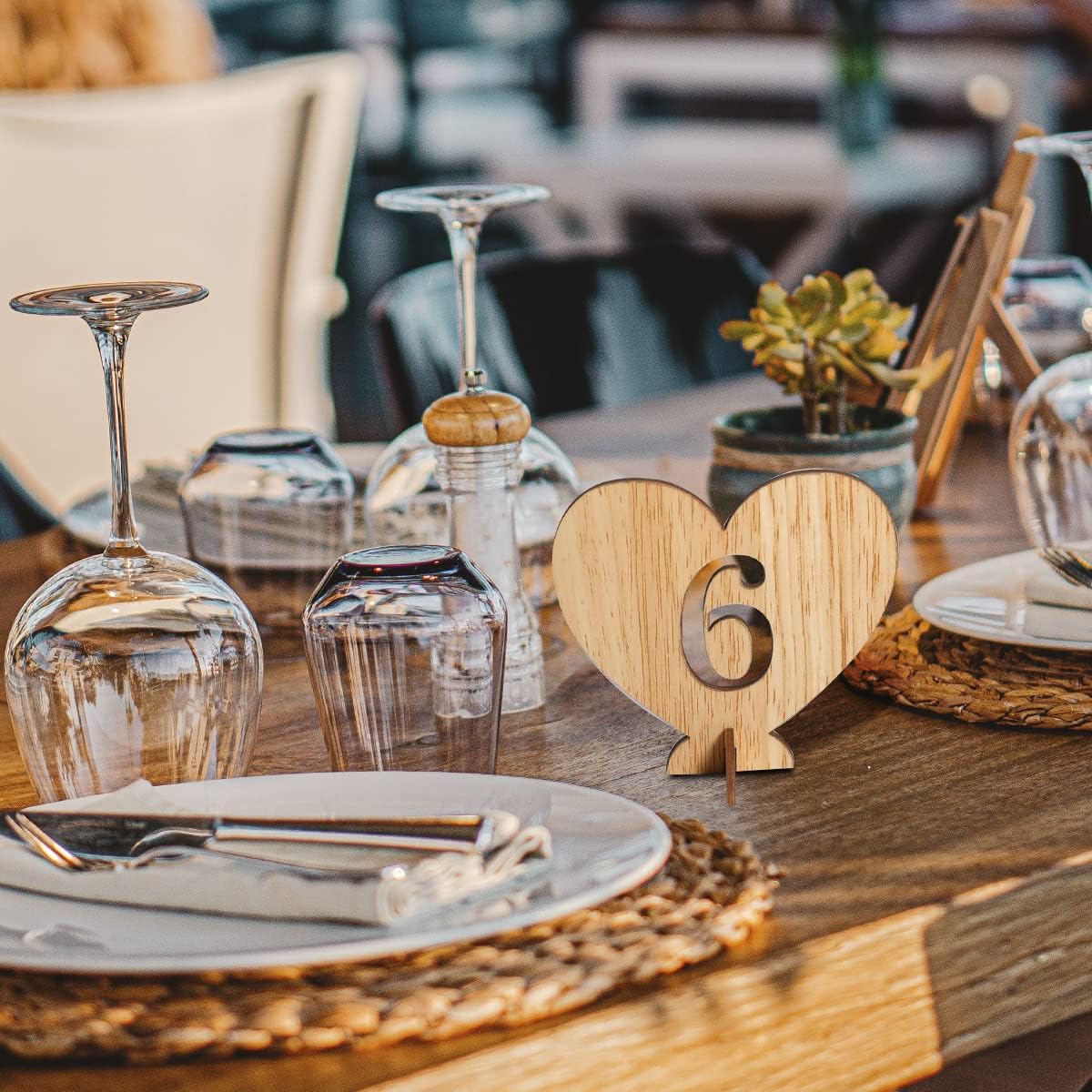 Heart Shape Wooden Table Numbers 1-20 With Holder Base - Rustic Hollow Out Wood Cards for Wedding