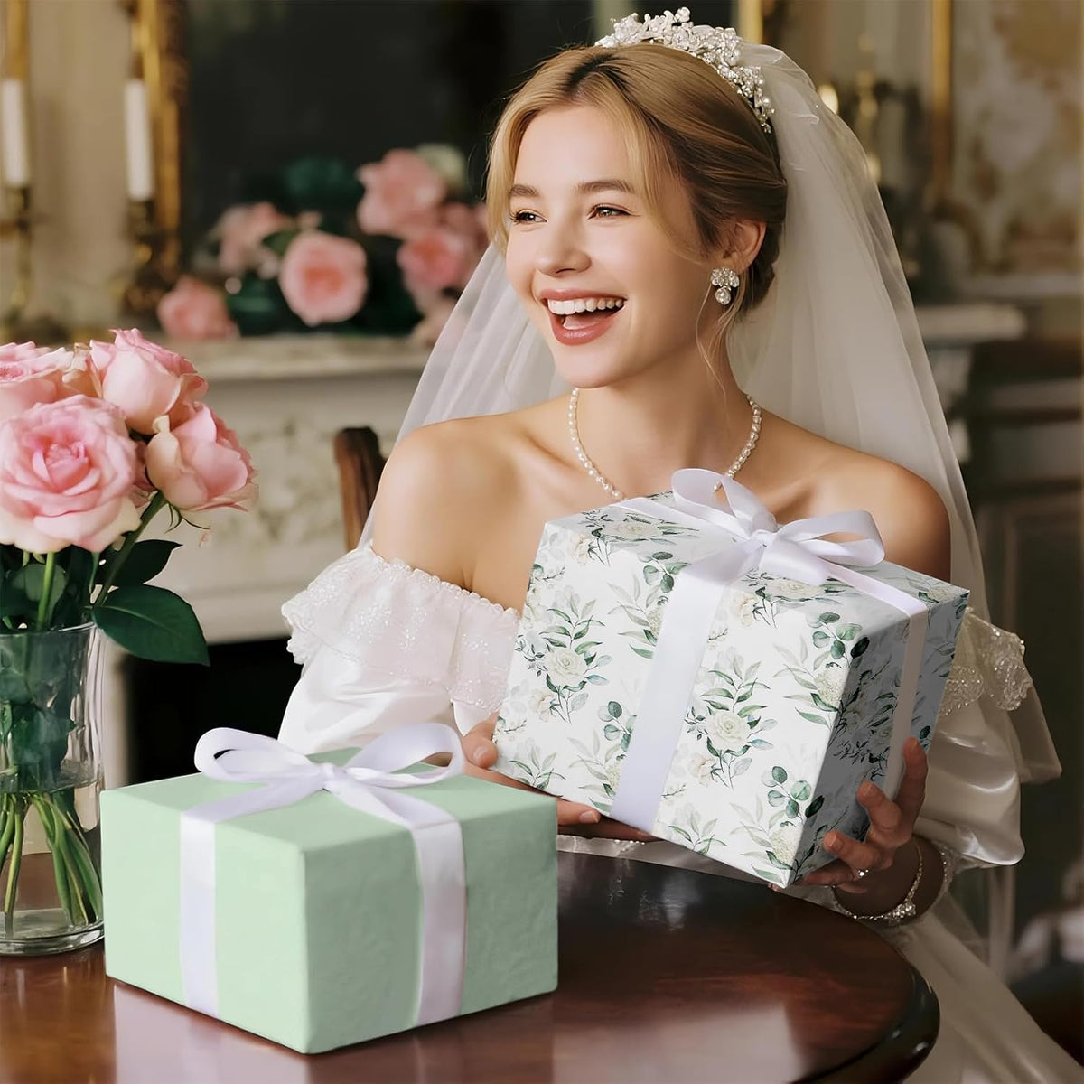 RUSPEPA Reversible Floral Wrapping Paper for Women Girls, Mini Roll, Elegant Flower Greenery and