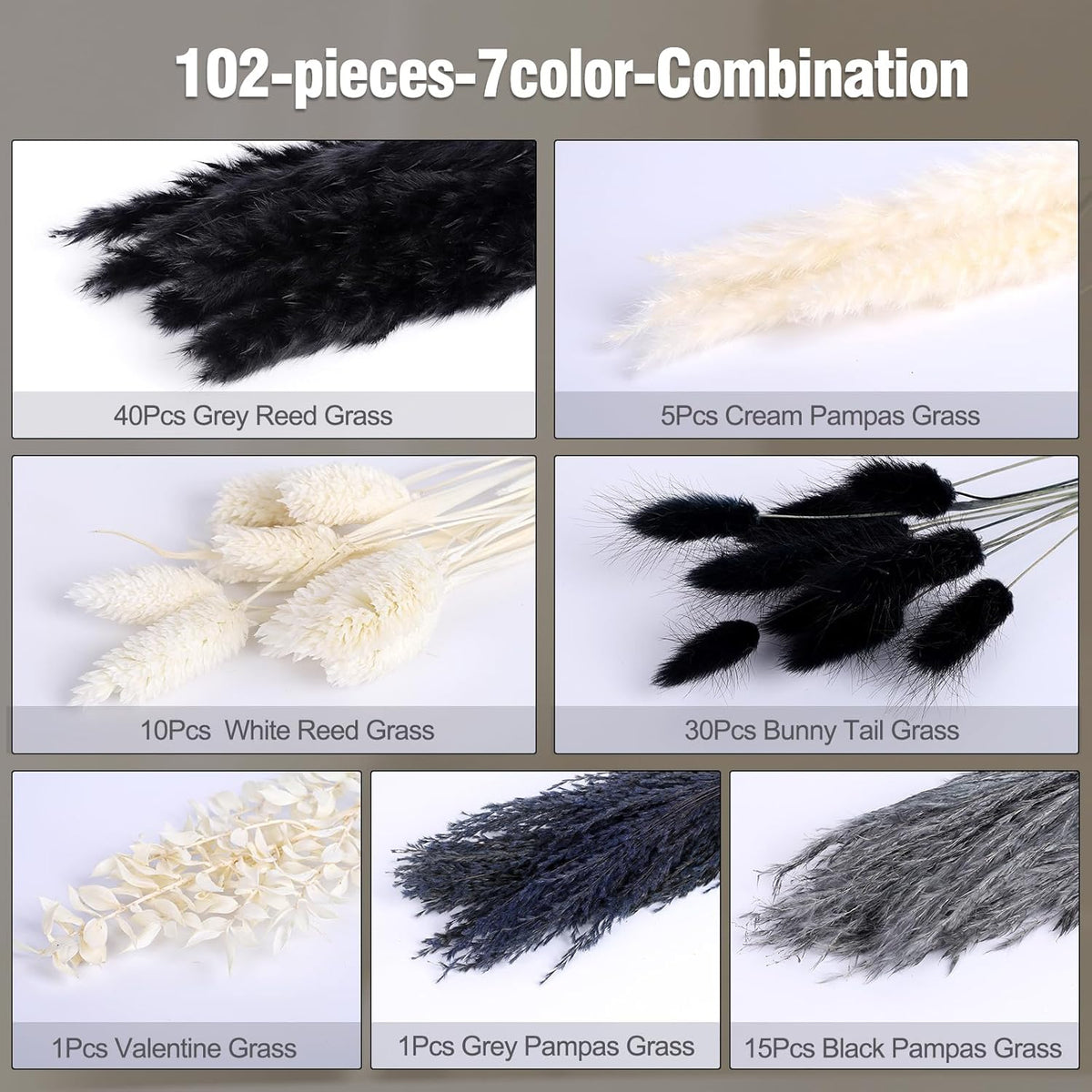 102PCS Black Pampas Grass Decor, Grey White Natural Dried Pampas Grass Bulk, Boho Home Decor