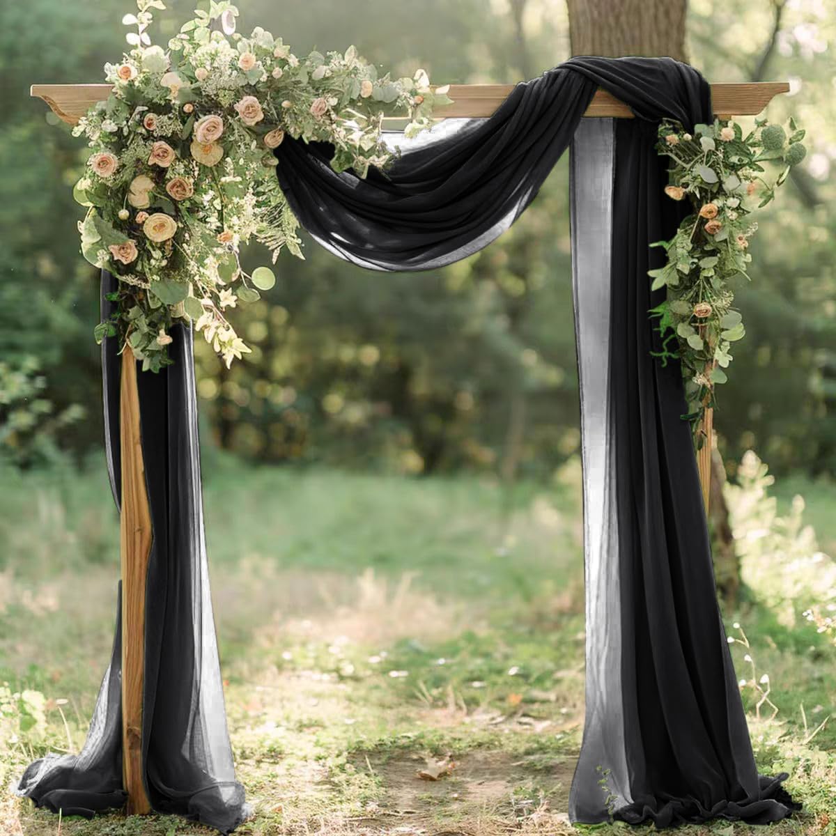 Black Fall Halloween Sheer Elegant Arch Draping Fabric 2 Panels Outdoor 29" × 20Ft Sheer Chiffon
