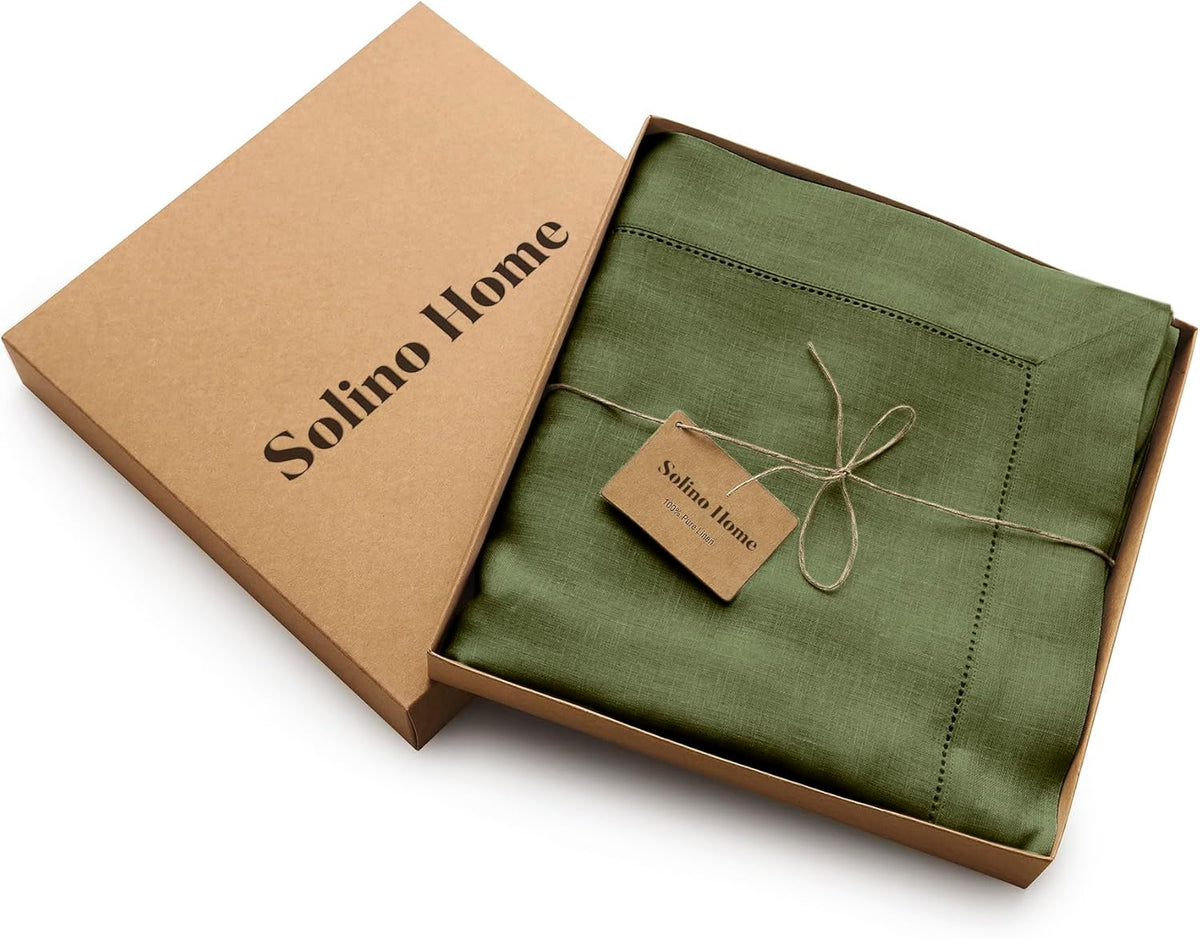 Solino Home Olive Linen Tablecloth 60 x 120 Inch - 100% Pure Linen Hemstitch Table Cloth for