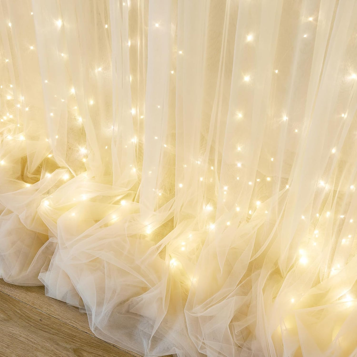 10ft x 10ft Champagne Tulle Backdrop Curtain with Lights String for Parties Wedding Bridal Shower