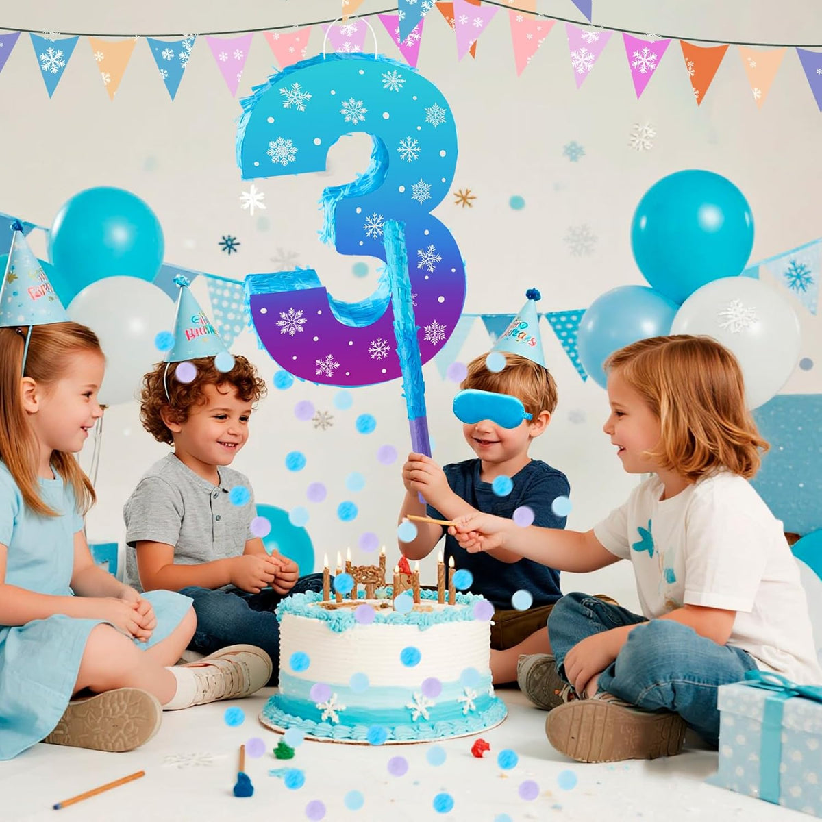 Snowflake Birthday Decorations, Winter Ice Snowflake Number 3 Pinata with Stick Blindfold and