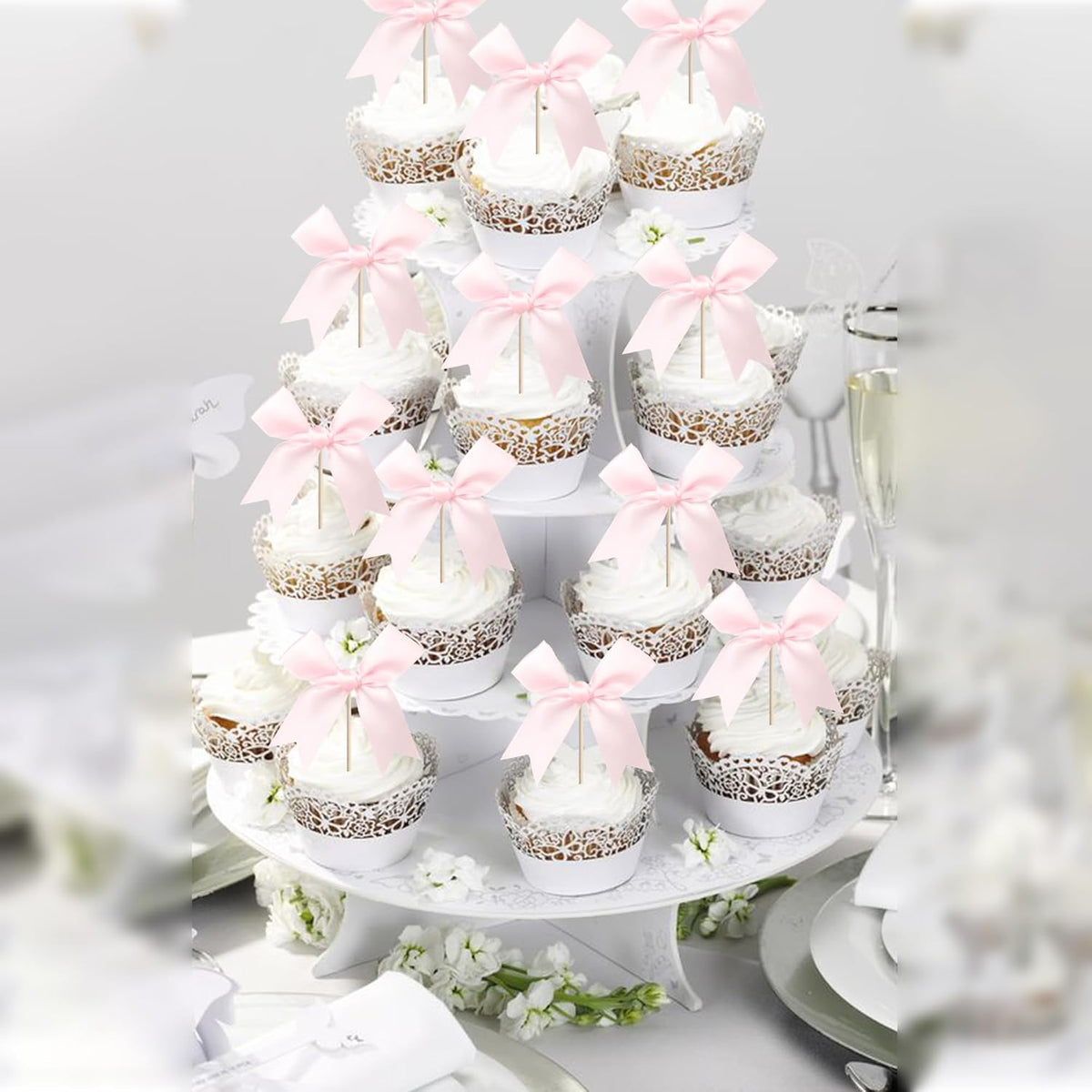24 PCS Bow Cupcake Toppers Bowknot Coquette Bow Girls Birthday Cake Decorations Bow Cake Toppers