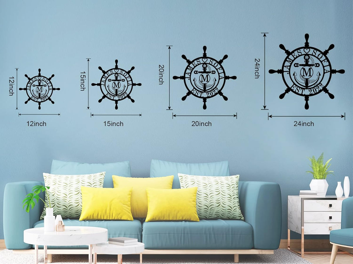 Personalized Ship Wheel Metal Sign, Customized Nautical Wall Decor, Anchor Compass Metal Sign