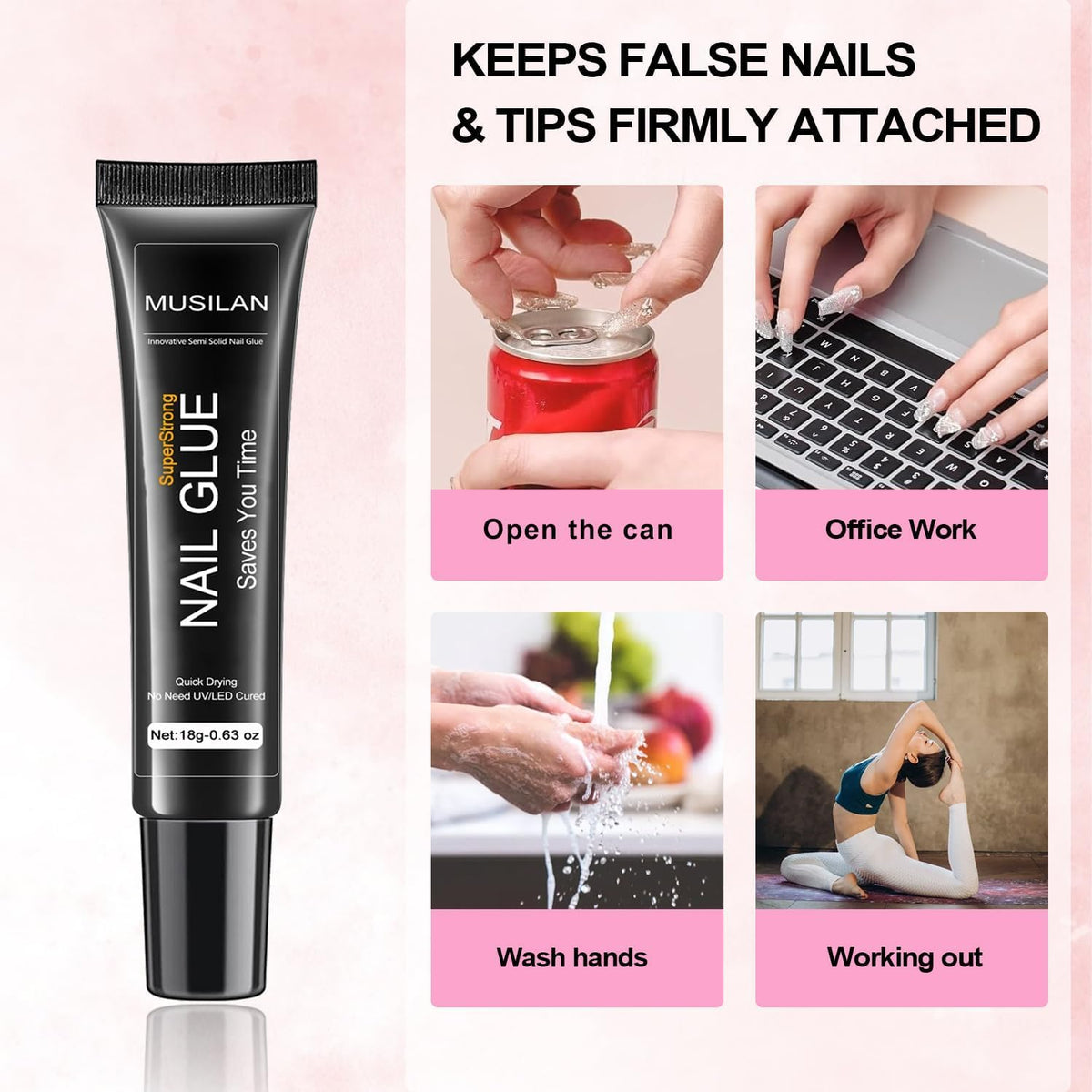 18g Semi Solid Super Strong Nail Glue for Press On Nails - No UV Lamp Needed Quick Drying &
