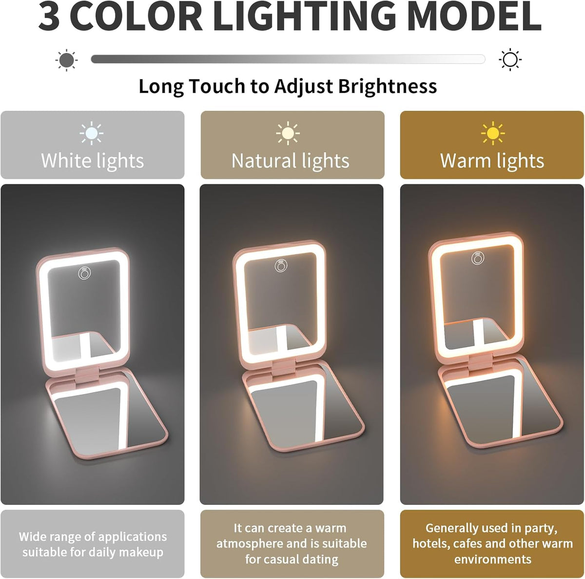 Kintion 2025 Pocket Mirror, Rechargeable Dimmable 3 Color Lighting 1X/3X LED Compact Travel Makeup