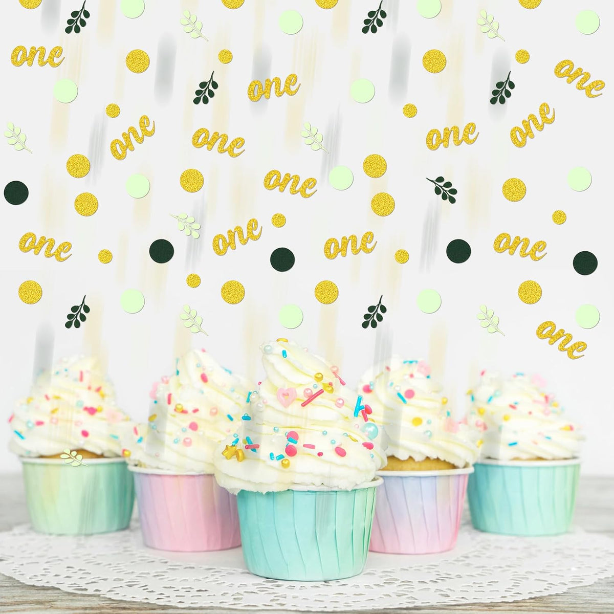 300PC Gold Glitter and Sage Green First Birthday Decorations for Girl/Boy Greenery Happy 1st
