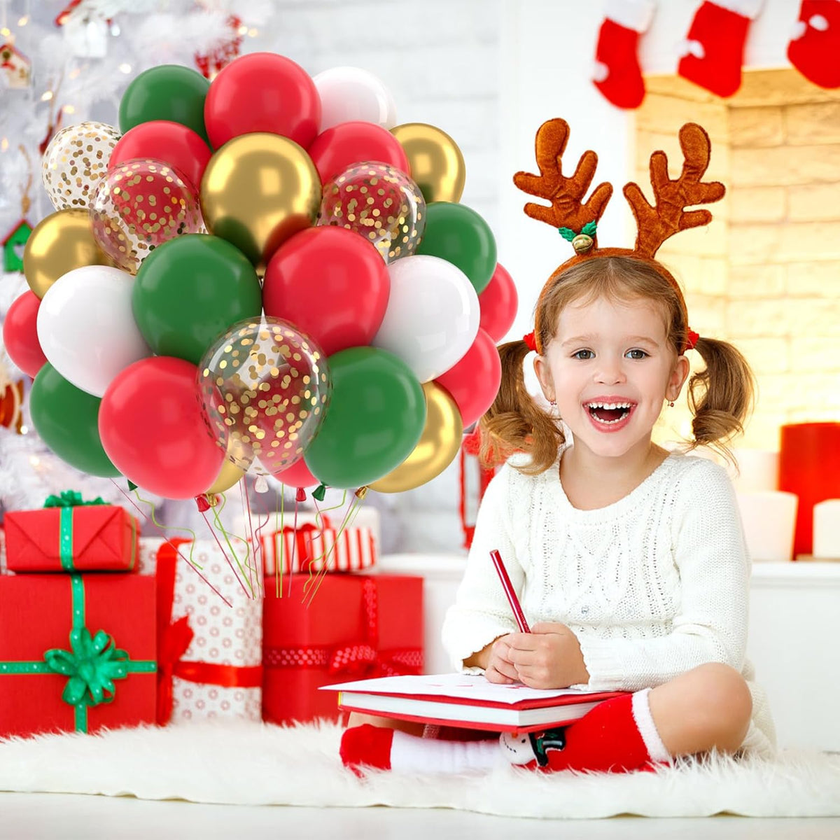 Patimate Red and Green Christmas Balloons Set, 50 pcs 12 inch Metallic Gold Green Red White