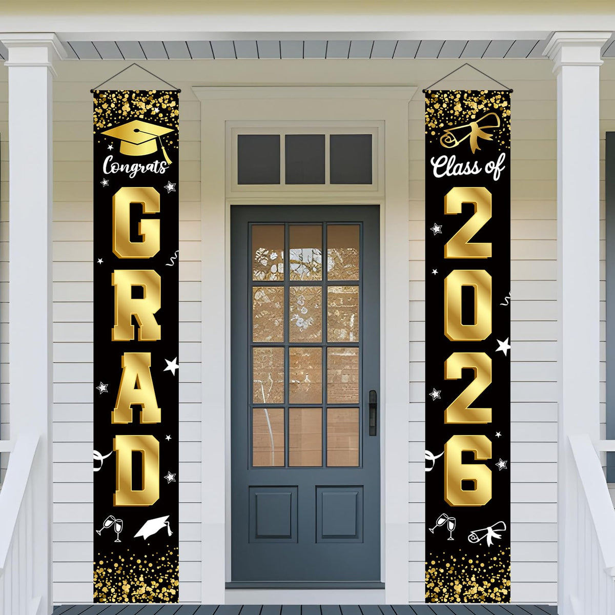 Graduation Decorations 2026 Set Black Gold, Congrats Grad Decor Set with Banner Backdrop Porch