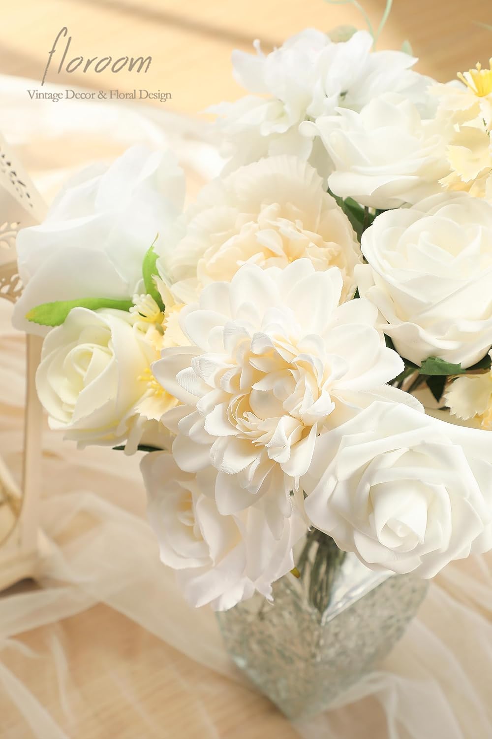 Floroom Cream White Artificial Flowers Ivory Fake Roses Peonies Dahlias and Greenery Combo Box Set