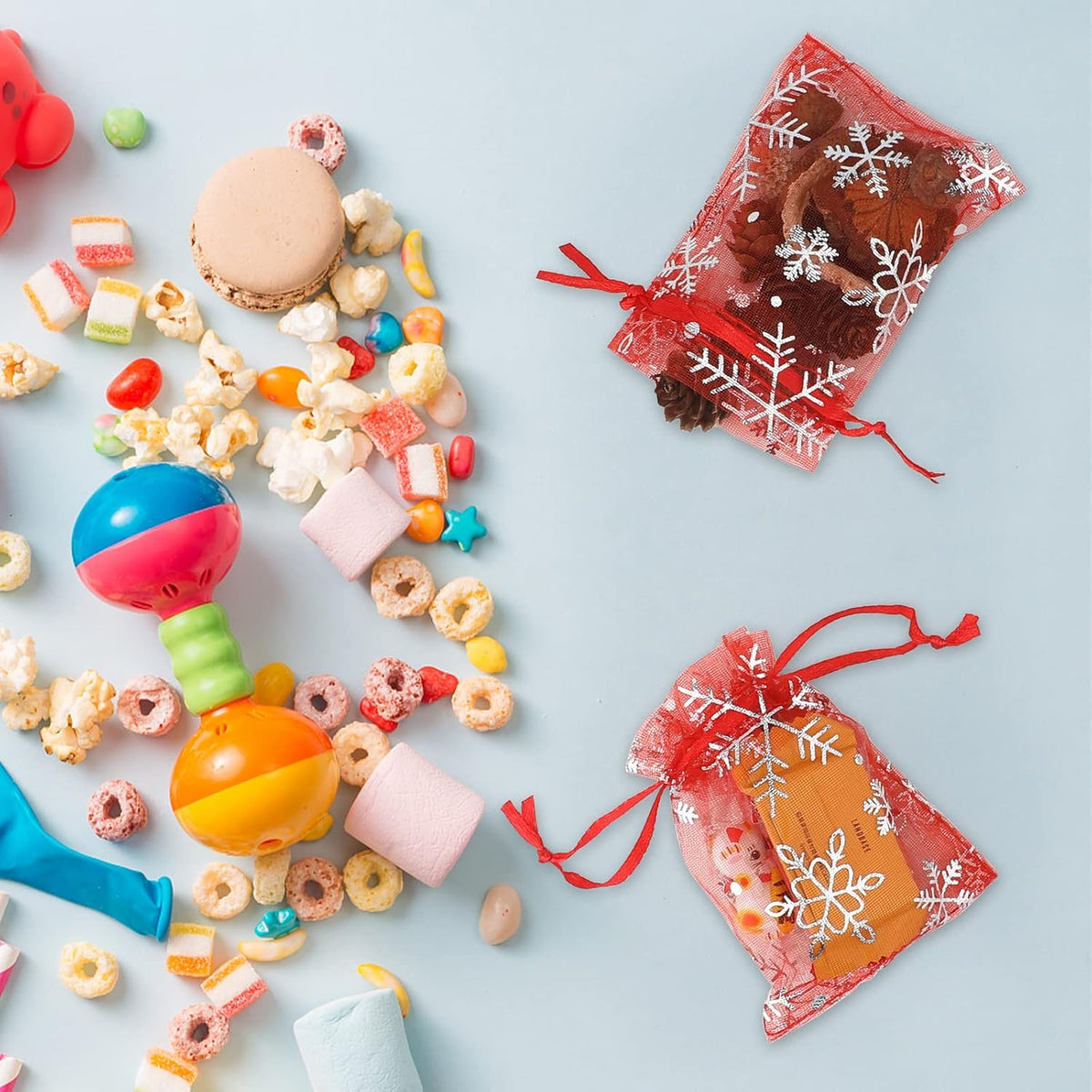 jijAcraft 3x4 Inch Christmas Organza Bags - 100Pcs Red Snowflake Gift Bags with Drawstring, Xmas