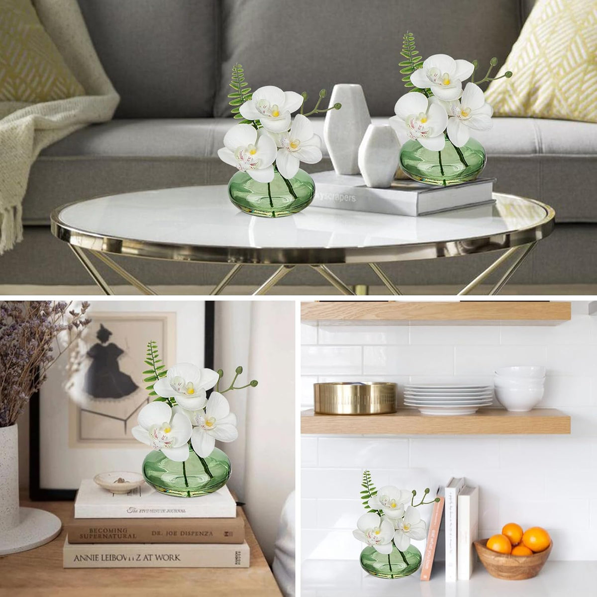 White Orchids Artificial Flowers Faux Orchids Arrangement in Light Green Glass Vases Set of 3 Real