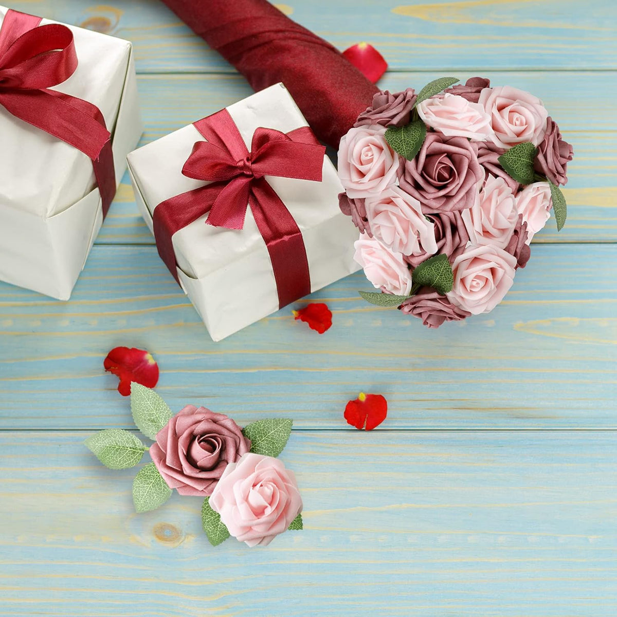 AmyHomie Artificial Flower Warm Taupe & Nude Rose 25pcs Real Looking Fake Roses w/Stem for DIY
