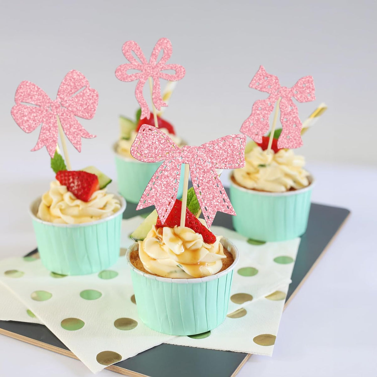 Ephlyn 24Pcs Bow Cupcake Toppers Pink Girls Birthday Party Decorations Bowknot Cupcake Toppers Bow