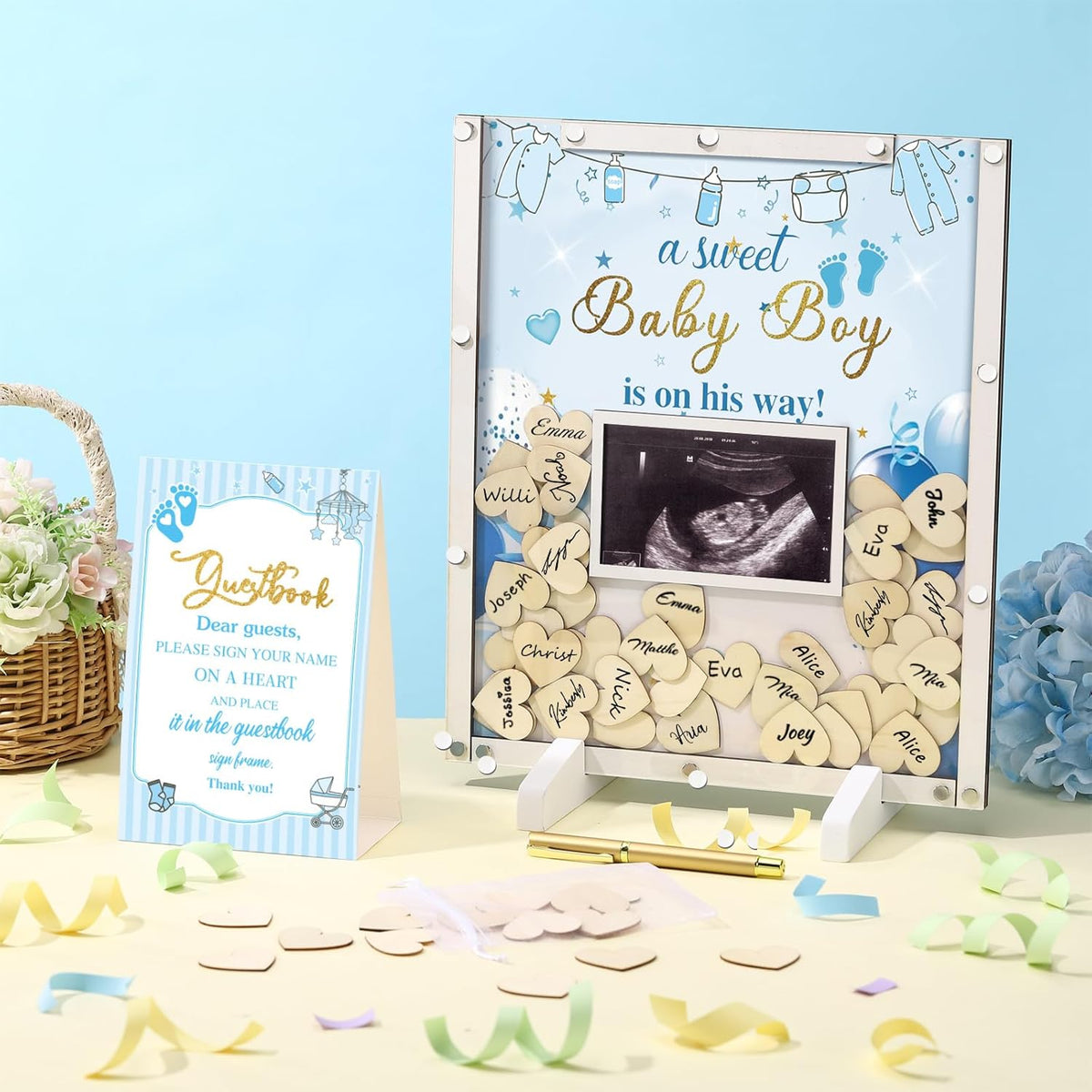 65 Pcs Blue Baby Shower Guest Book Alternatives He or She Gender Reveal Baby Shower Decorations