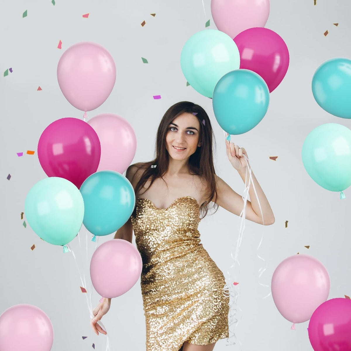 Pink Blue Balloons, 60Pcs Hot Pink Teal Blue Balloons, 12 Inch Hot Pink Confetti Helium Balloon