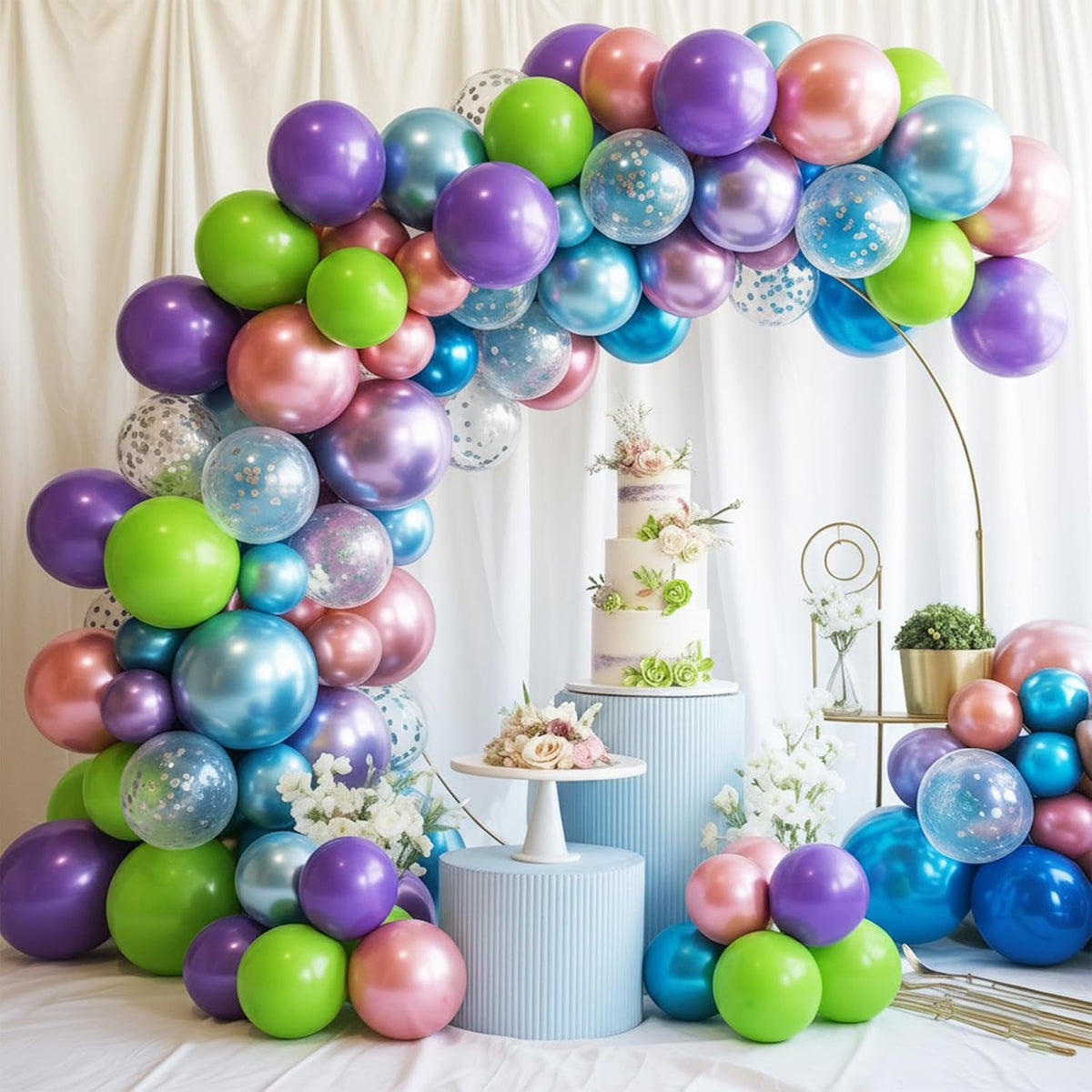 Pink Blue Purple Balloons, Pack of 50 12 inch Balloon with Metallic Silver Purple Teal Green