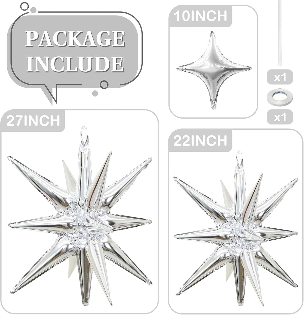 Silver Star Balloons 12pcs, 27/22 Inch Foil Star Explosion Balloons, Large Spike Mylar Cone