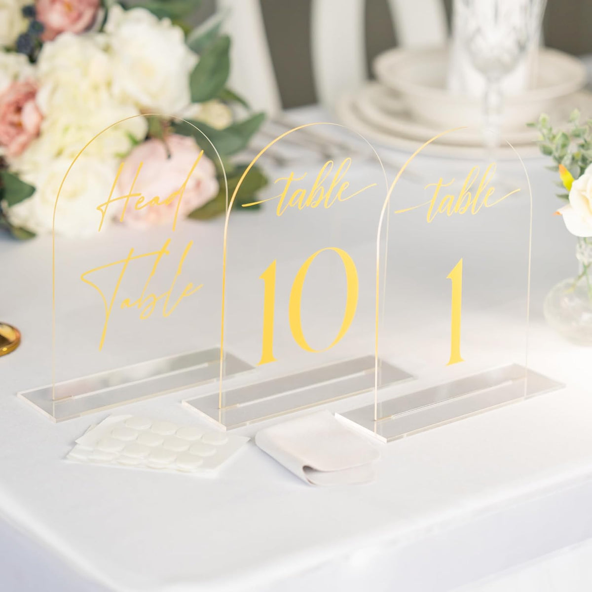 Clear Arch Acrylic Table Numbers for Wedding Reception - 5" x 7" Gold Font Centerpiece Set with