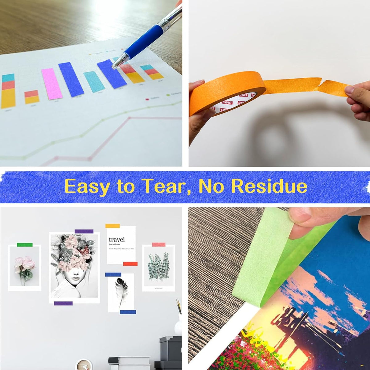 SWRT Colored Masking Tape 6-Pack, 1 Inch x 55 Yards Painter’s Tape Set, Colorful Craft Teacher Tape