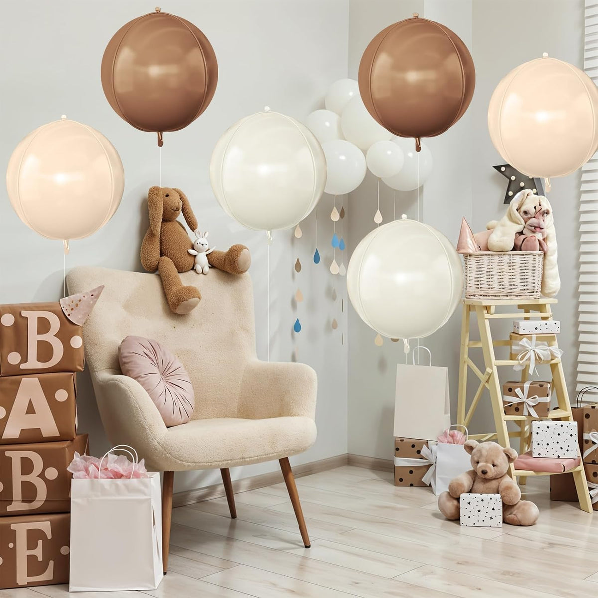 6Pcs Nude Cream Beige Round Foil Balloons, 22inch 4D Apricot Brown Tan Large Ball Balloons, for
