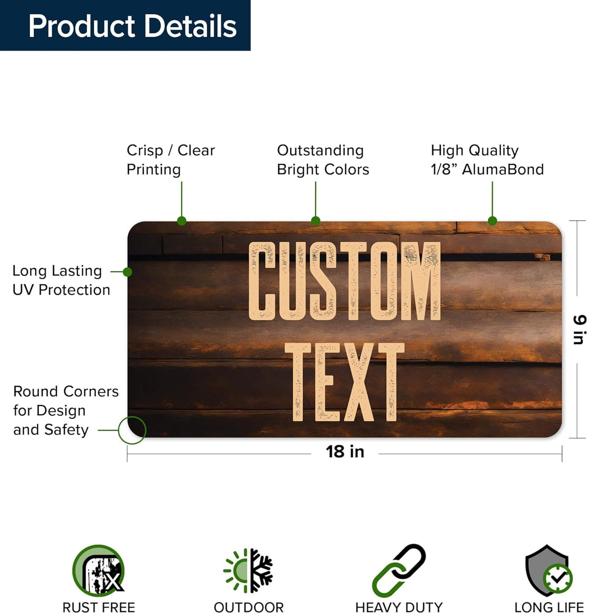 Custom Sign, Custom Street Sign, 11 Font Colors, 13 Font Styles, 4 Hole Options, 22 Sizes, 9x18