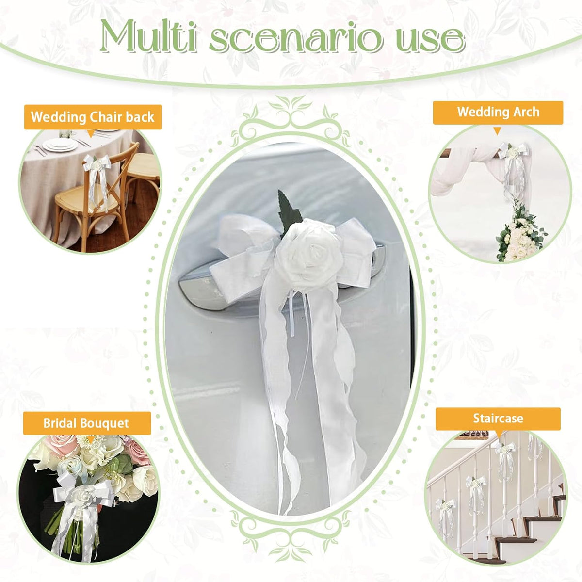 6PCS Wedding Car Door Handle Flowers, White Artificial Cars Rearview Mirror Bouquet Flower Bowknot