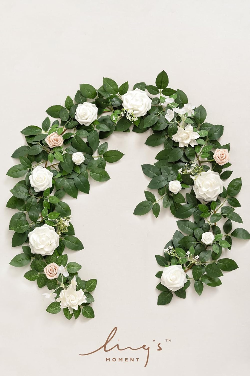 Ling's moment 5FT White Artificial Flower Garland Fake Rose Green Leaves Floral Garland Arch