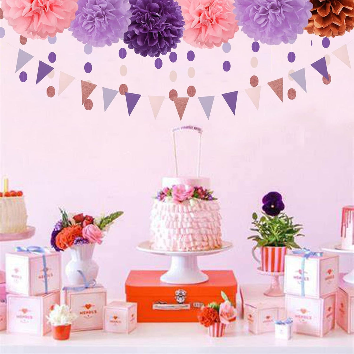 Rose-Gold Pink Purple Party Decorations - 30pcs Tissue Pom Poms Streamers,Baby Shower Decorations