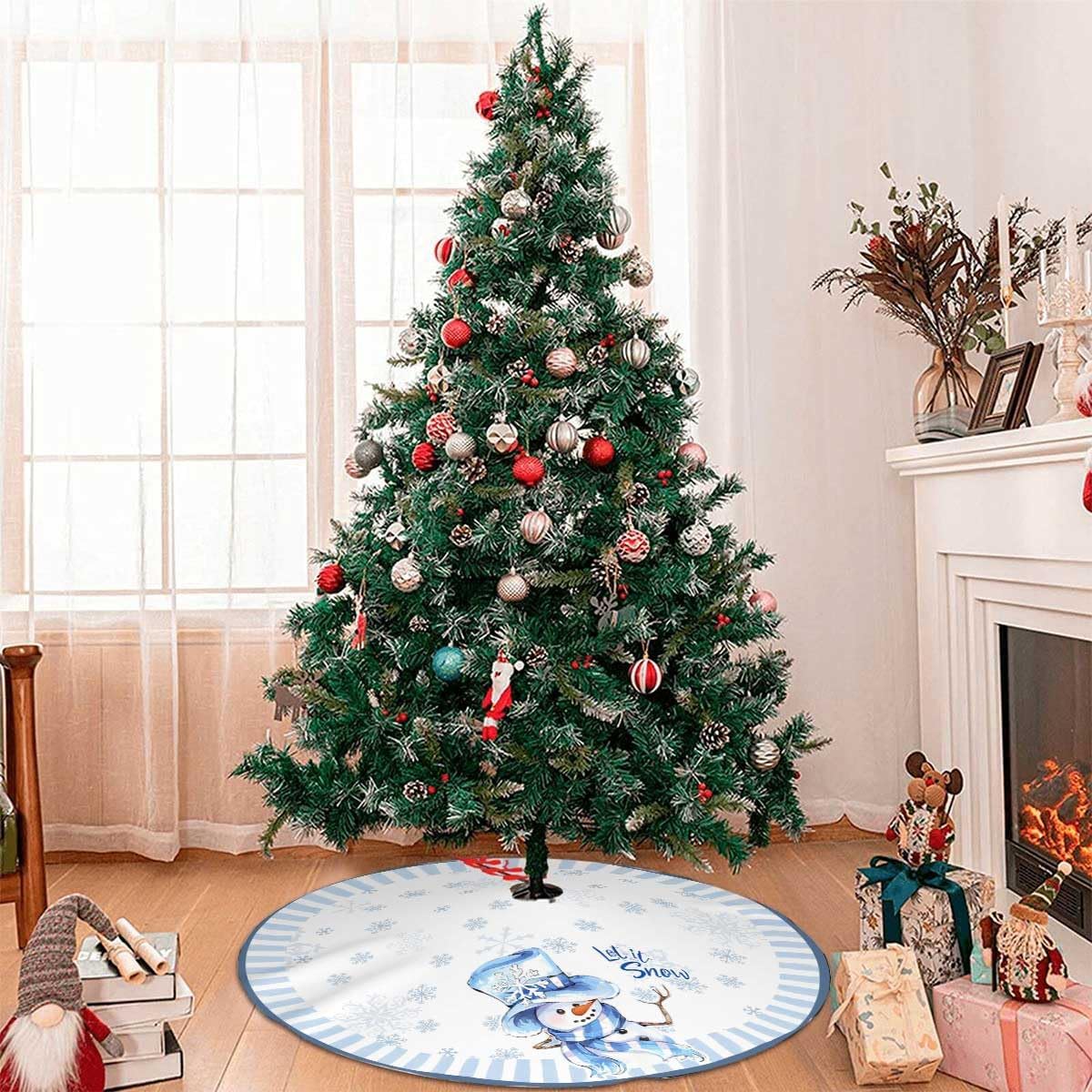Let It Snow Snowman Christmas Tree Skirt 48 Inches, Blue Snowflake Tree Skirt, Winter Xmas Tree Mat