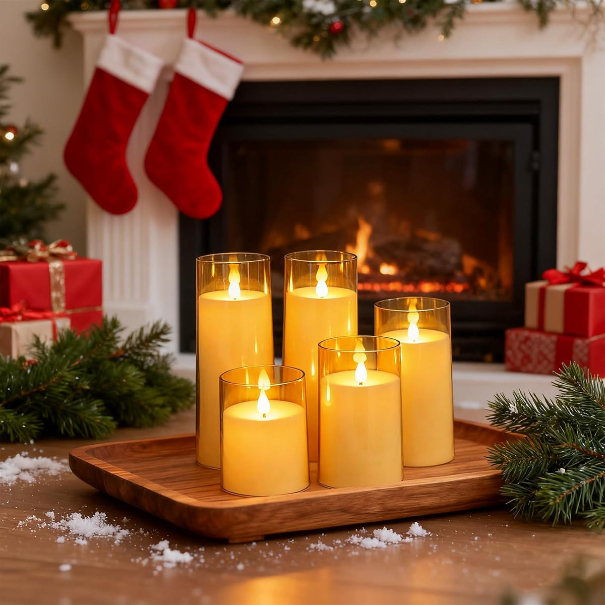 Fo32won Amber LED Flameless Pillar Candles Battery Operated with Remote and Timer, Set of 5 (D 3"×H
