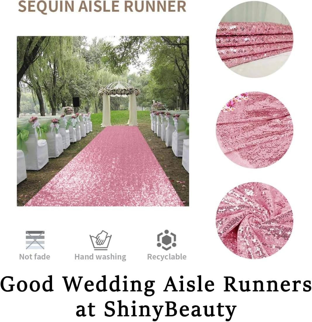 ShinyBeauty Sequin Aisle Runners 2Ft x 15Ft Pink Gold Carpet Runner for Party Glitter Runner for