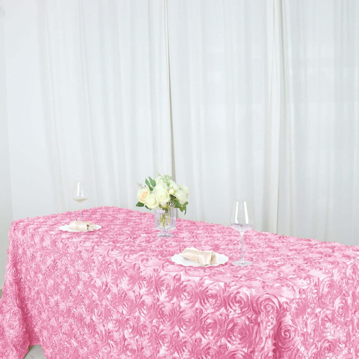 Efavormart 90"x132" Wholesale Rectangle Table Cover Pink Grandiose Rosette 3D Satin Tablecloth for