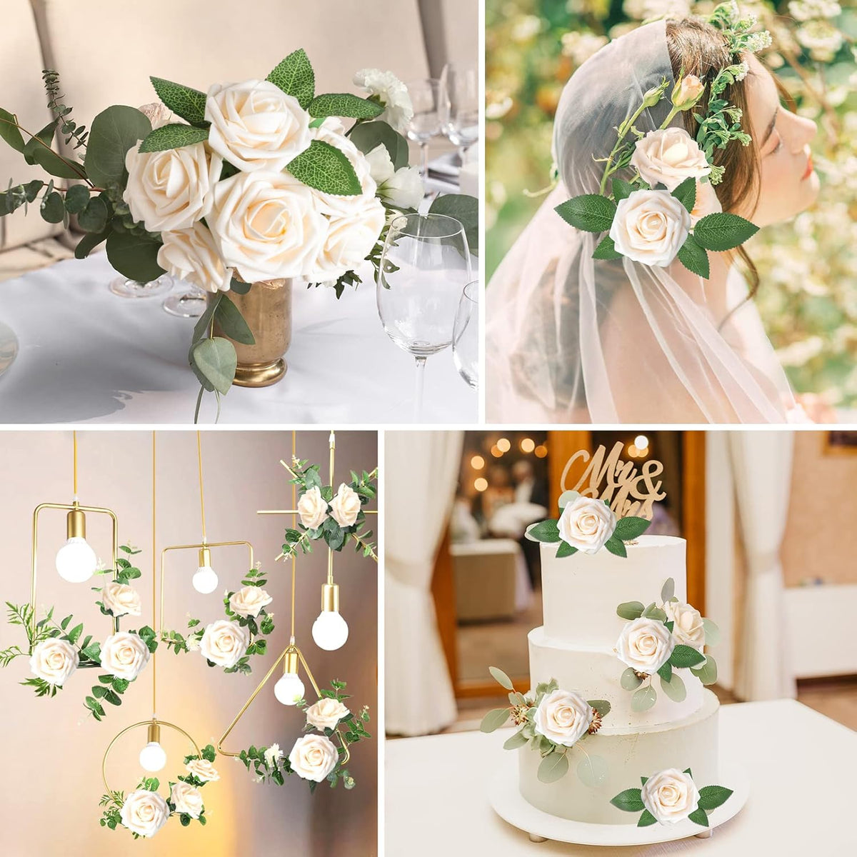 AmyHomie Artificial Flowers Champagne Rose 50pcs Real Looking Fake Roses w/Stem for DIY Wedding