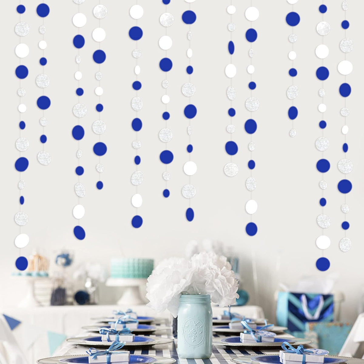 46 Feet Navy Blue White and Silver Circle Dots Garland Royal Blue Hanging Paper Polka Dots Streamer
