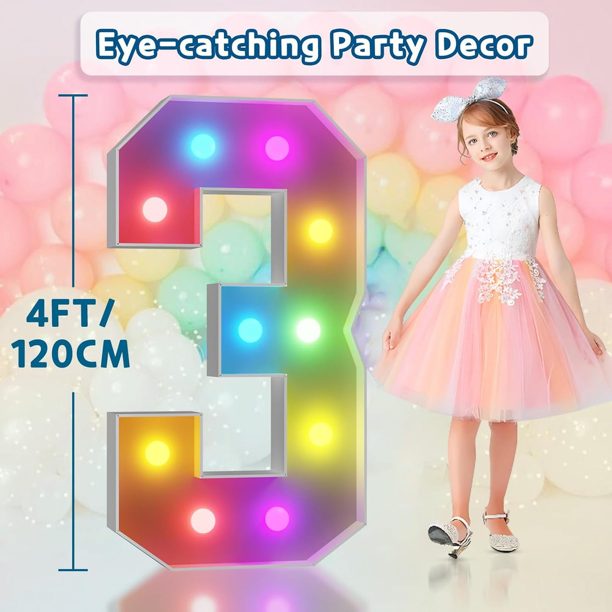 imprsv 4FT Colorful Marquee Numbers,18 Colors Number 3 with Remote, Light Up Numbers Sign for 30th