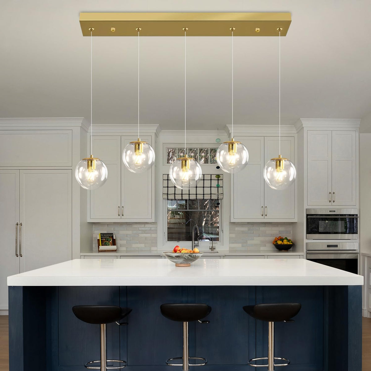 5-Lights Modern Rectangle Chandelier Globe Pendant Light,Gold Linear Globe Chandeliers for Dining