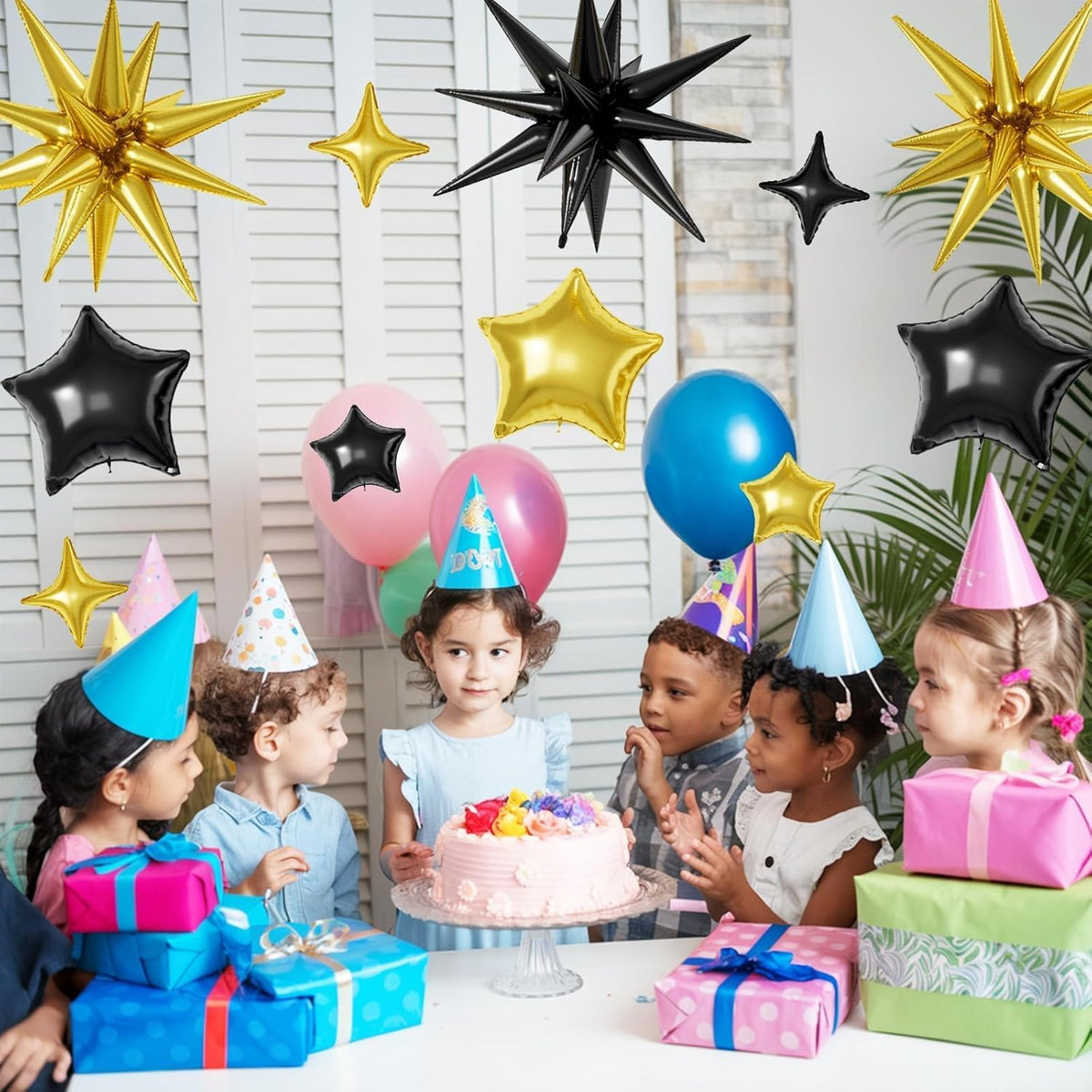 16 Pcs Black Gold Star Balloons, 22/18/10 Inch Foil Balloons, Four-Pointed Balloon for Kids