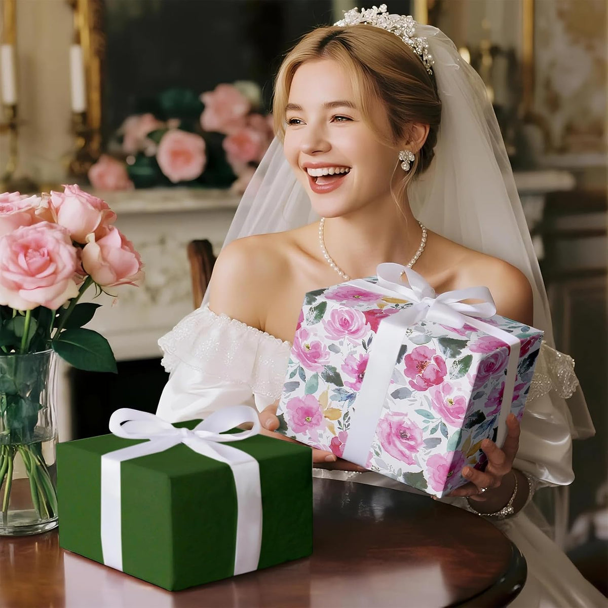 RUSPEPA Reversible Floral Wrapping Paper for Women, Mini Roll, Vintage Pink Rose with Deep Green