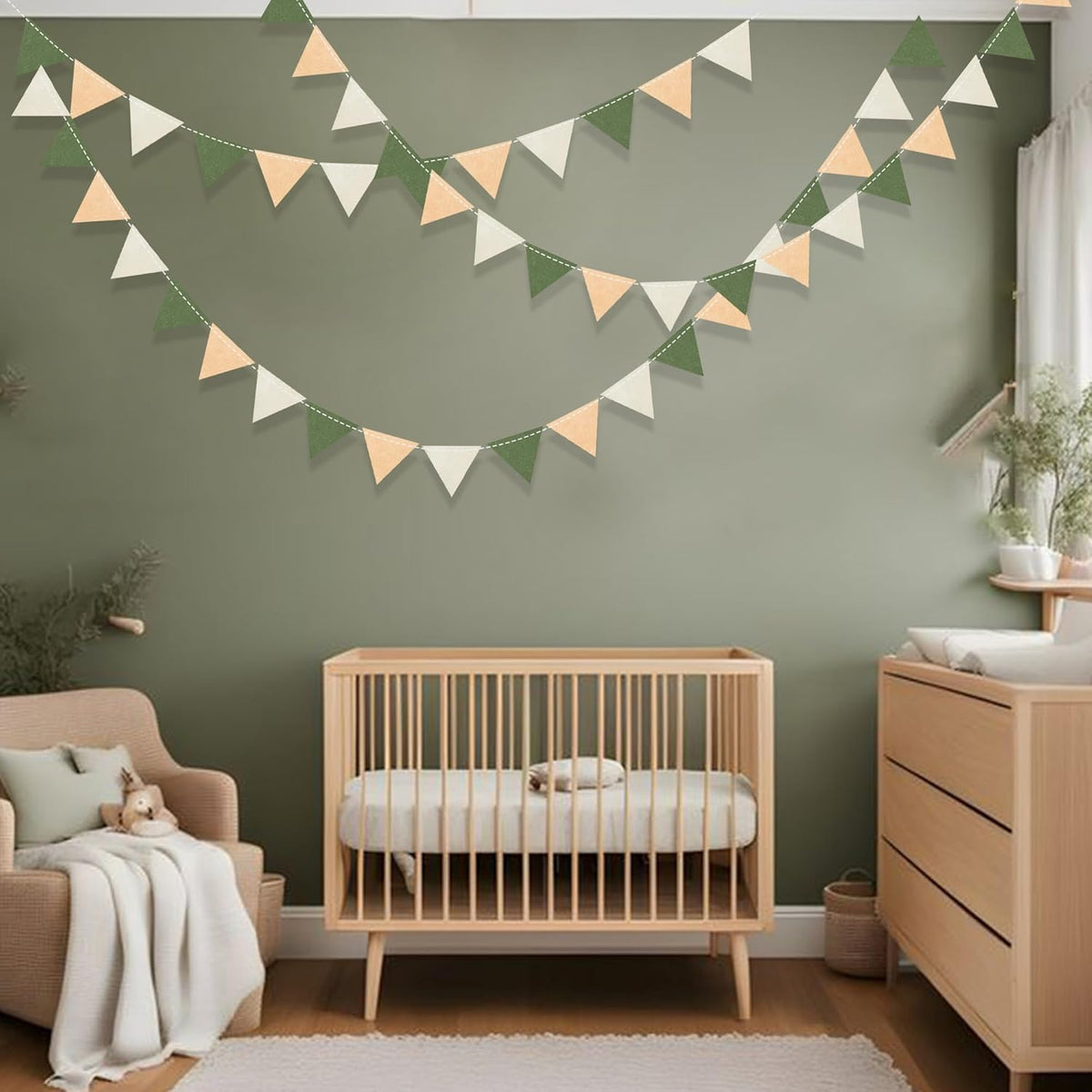 Sage Green Party Decorations Olive Green Tan Brown Cream Felt Hanging Triangle Mini Bunting Pennant