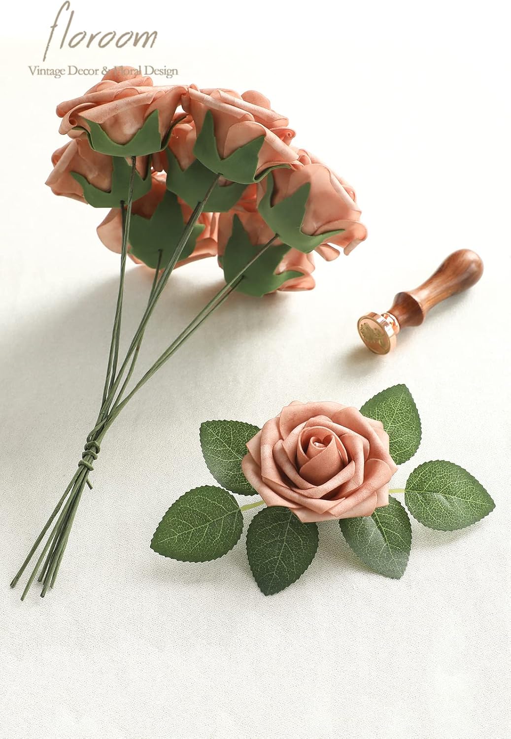 Floroom Artificial Flowers 25pcs Real Looking Warm Taupe Foam Fake Roses with Stems for DIY Wedding