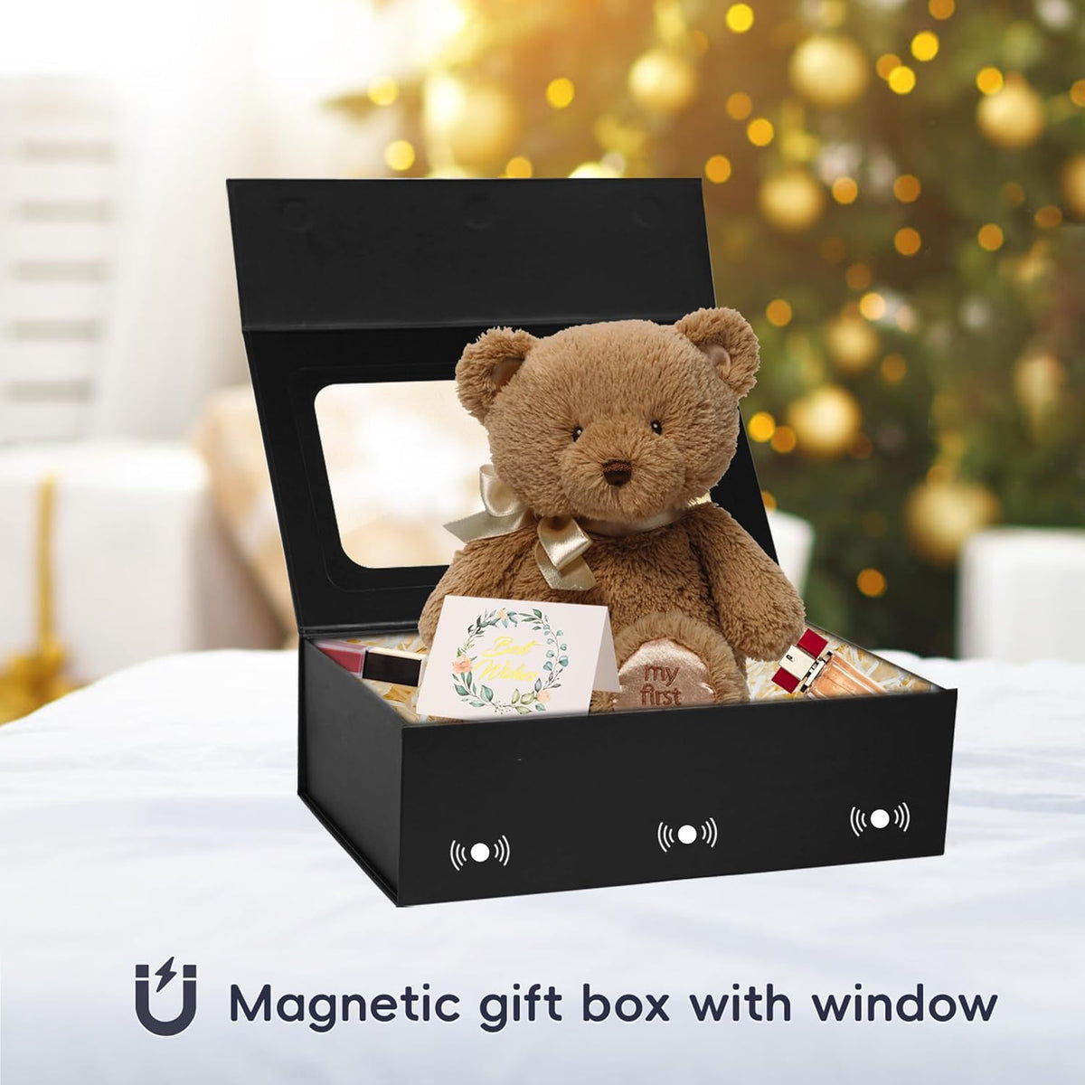 TIACABO Black Large Gift Box with Window, 13.5"x9"x4.3" Bridesmaid Boxe for Gifts Giving,Birthday