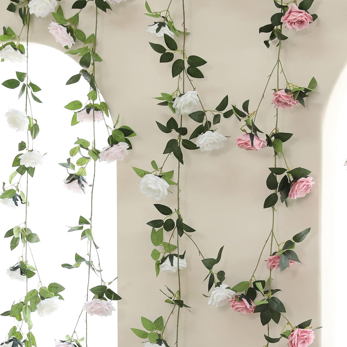 2 Strands 73'' Artificial Silk Rose Flower Vines Garland, Fake Pink Roses Floral Green Leaves
